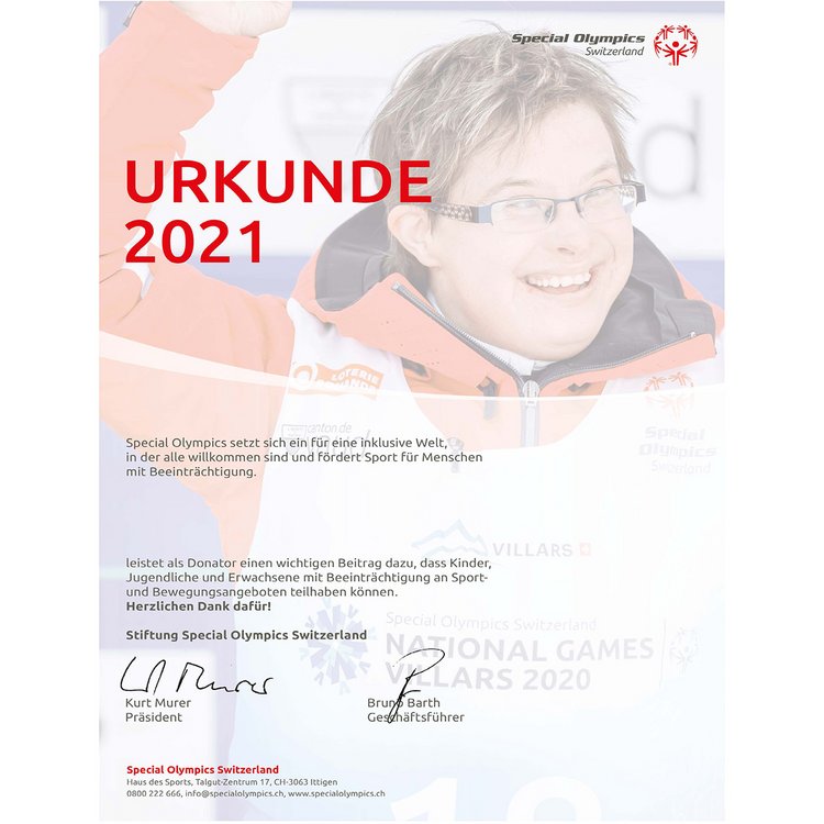 Urkunde als Donator für die Special Olympics Switzerland