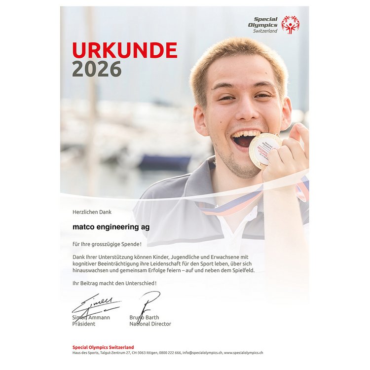 Urkunde für Matco Engineering Spreitenbach als Donator für die Special Olympics Switzerland