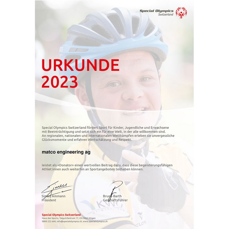 Urkunde als Donator für die Special Olympics Switzerland