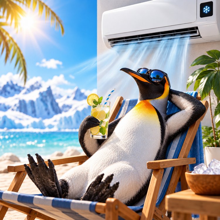 Pingu mit Sonnenbrille und Klimaanlage beim Relaxen