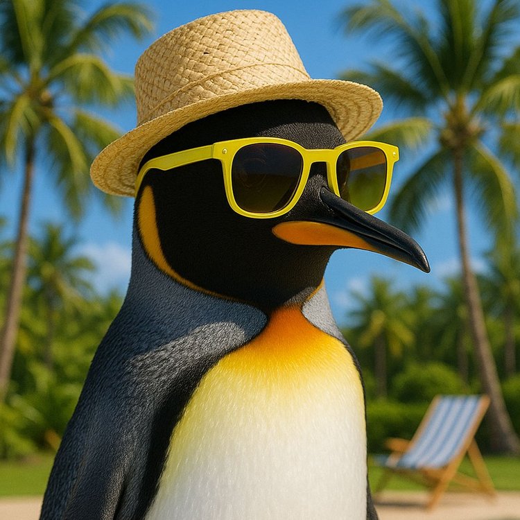 Pinguin mit Strohhut und Sonnenbrille am Pool
