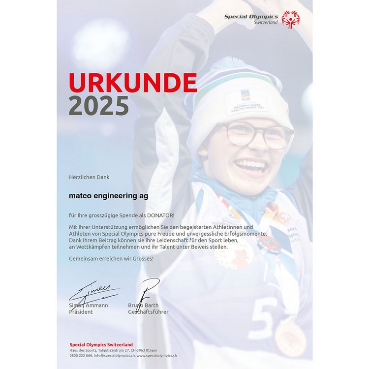 Urkunde für Matco Engineering Spreitenbach als Donator für die Special Olympics Switzerland