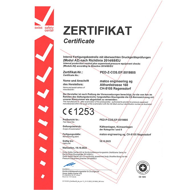 Zertifikat Druckgeräteprüfungen für Matco Engineering