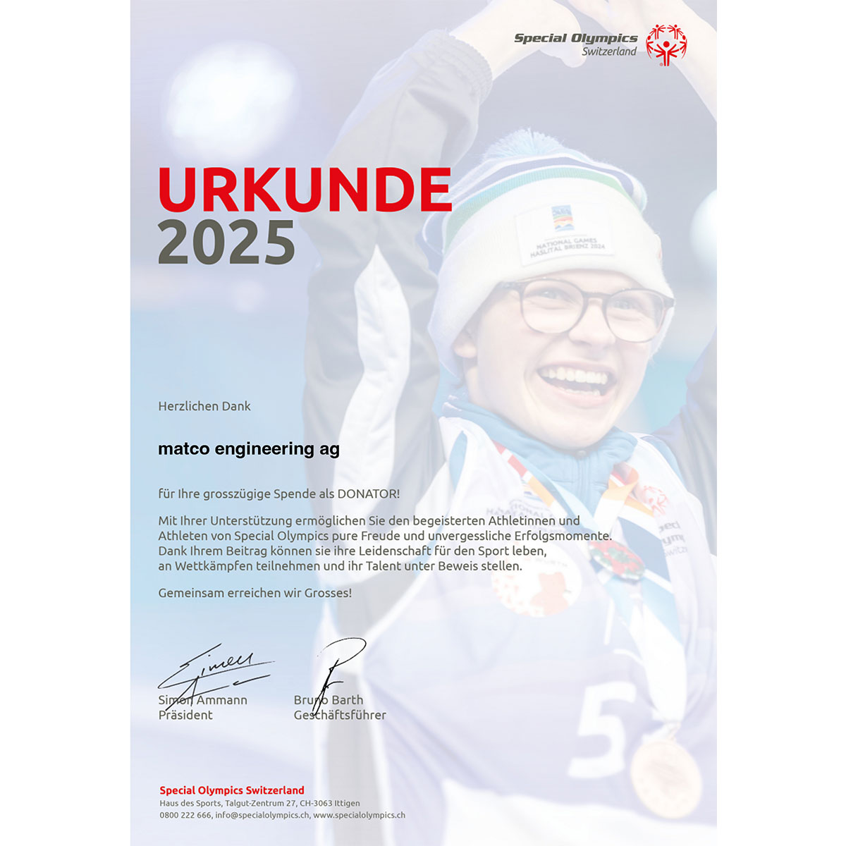Urkunde für Matco Engineering Spreitenbach als Donator für die Special Olympics Switzerland